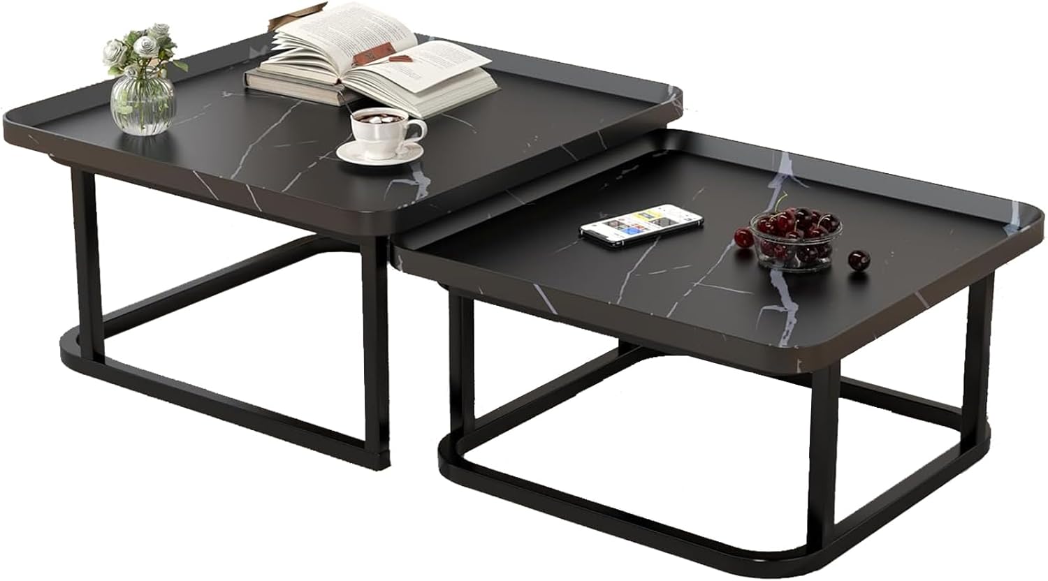 Square Coffee Tables Living Room Set of 2, Nesting Walnut Coffee Table with Fluted, End Tables for Bedroom Office Balcony Yard (23.5"+19.5" Black)