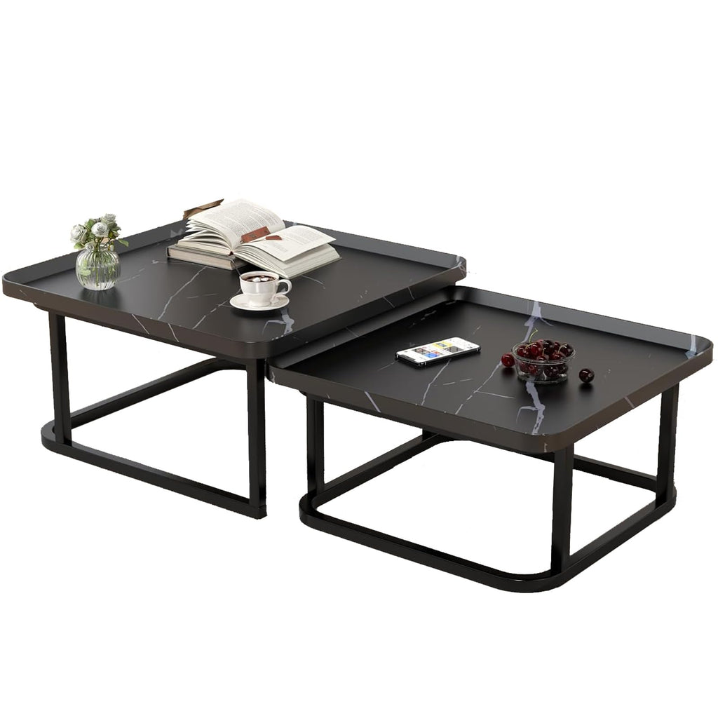 Square Coffee Tables Living Room Set of 2, Nesting Walnut Coffee Table with Fluted, End Tables for Bedroom Office Balcony Yard (23.5"+19.5" Walnut)