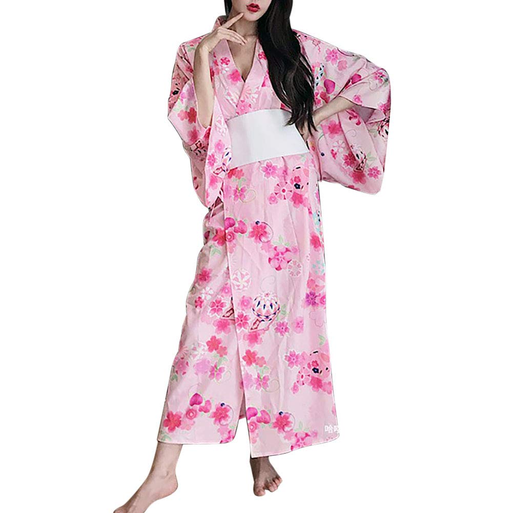 Kimono Costume Adult Japanese Geisha Floral Patten Gown Blossom Bathrobe Sleepwear With Obi Belt
