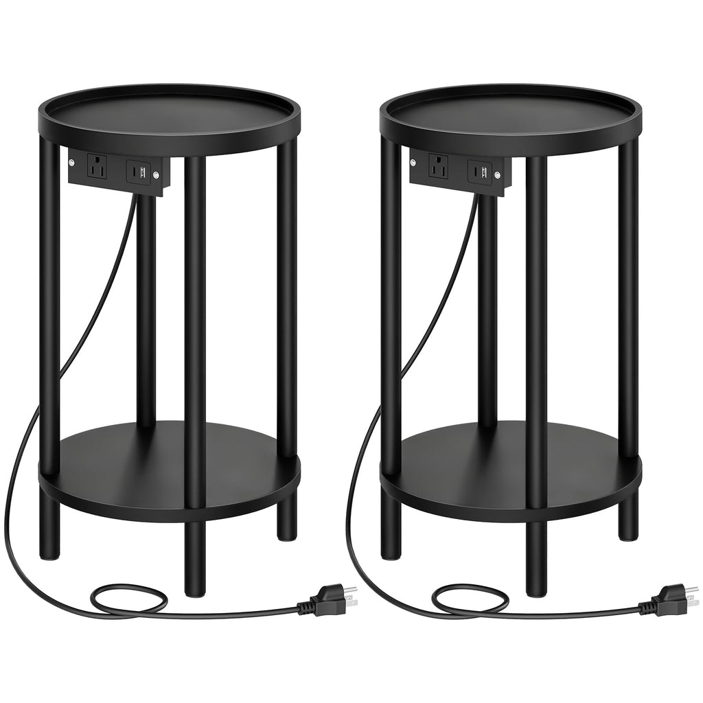 HOOBRO Small Round Side Table with Charging Station, 2-Tier Round Bamboo End Table, Compact Sofa Bedside Table for Small Space, Easy Assembly, for Living Room, Bedroom, Apartment, Natural YL156UBZ01