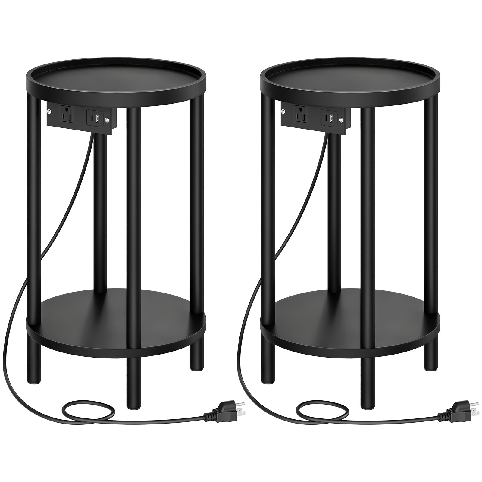 HOOBRO Small Round Side Table with Charging Station, 2-Tier Round Bamboo End Table, Compact Sofa Bedside Table for Small Space, Easy Assembly, for Living Room, Bedroom, Apartment, Natural YL156UBZ01