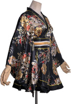 Womens Sexy Short Kimono Dress Floral Print Japanese Traditional Geisha Yukata Robe Bathrobe Skirt Belt Outfit (D05-Black, One Size)