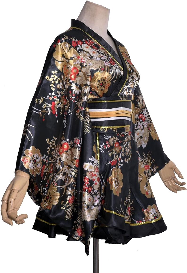 Womens Sexy Short Kimono Dress Floral Print Japanese Traditional Geisha Yukata Robe Bathrobe Skirt Belt Outfit (D05-Black, One Size)