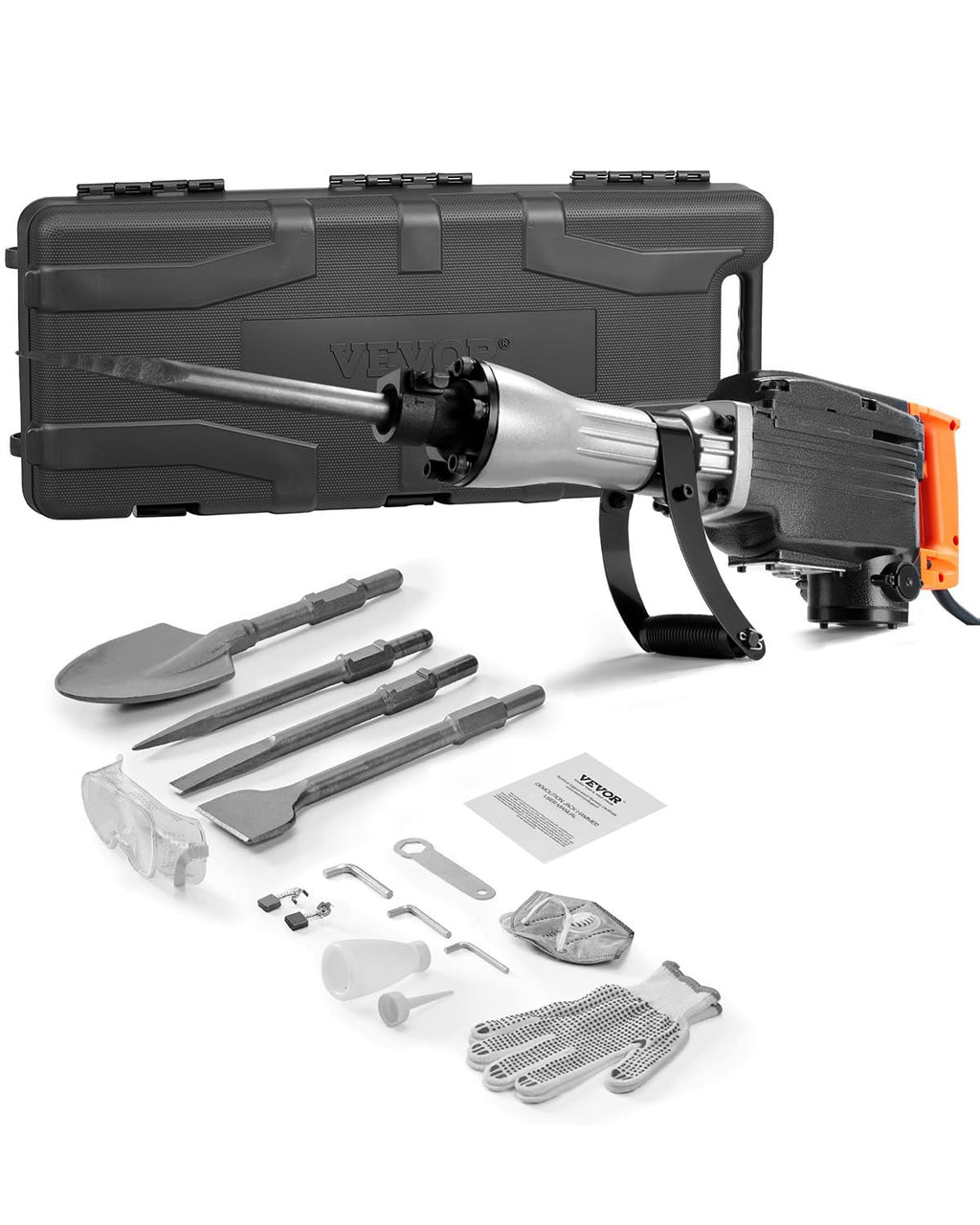 VEVOR Demolition Jack Hammer, MAX 2200W Electric Jackhammer Heavy Duty, 1350 BPM Concrete Breaker 4pcs Chisels Bit Chipping W/Case, Gloves