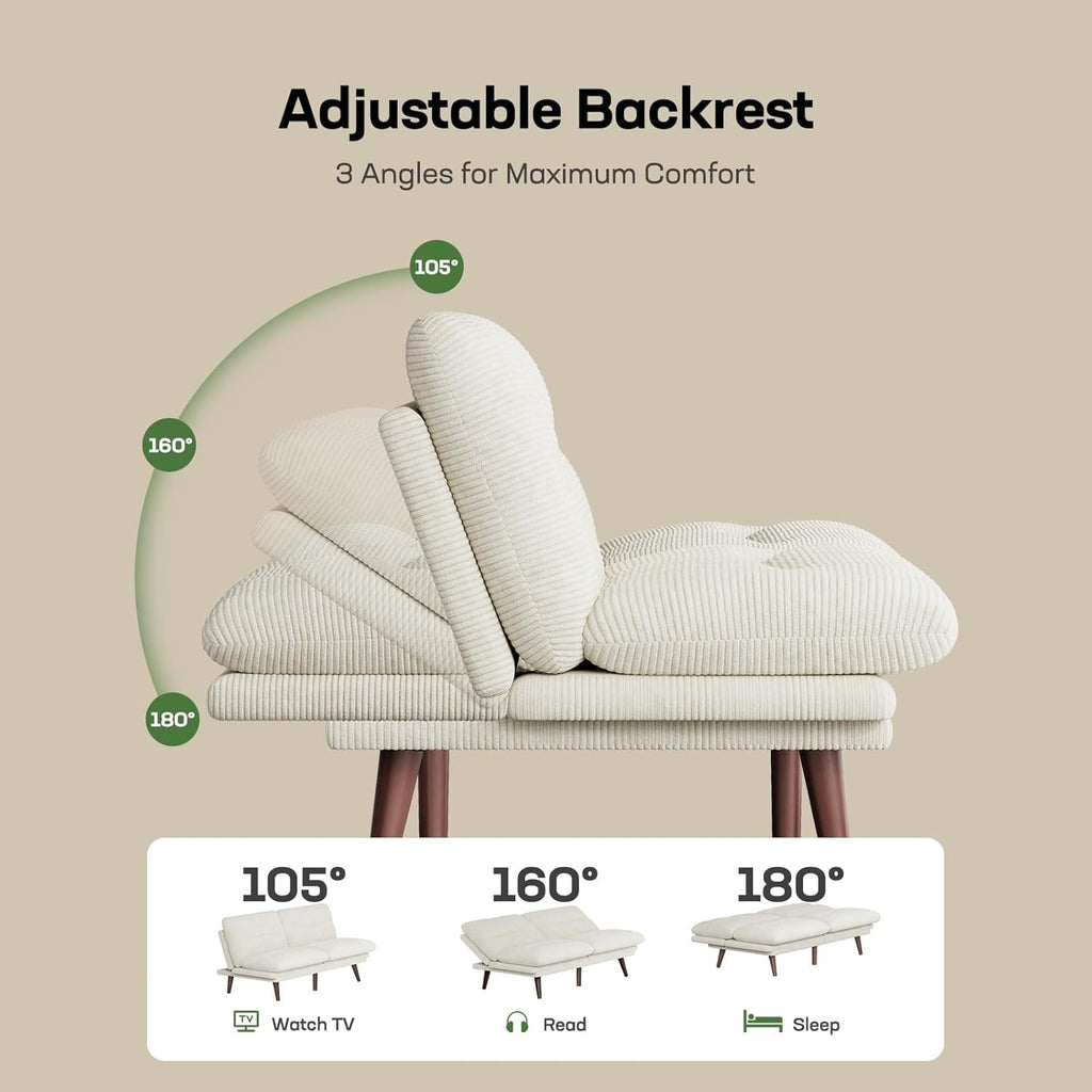 Marsail Futon Sofa Bed, Corduroy Futon Couch with Adjustable Backrest & Armrests, Convertible Small Sleeper Sofa Bed for Small Apartments, Study Room, Office, White