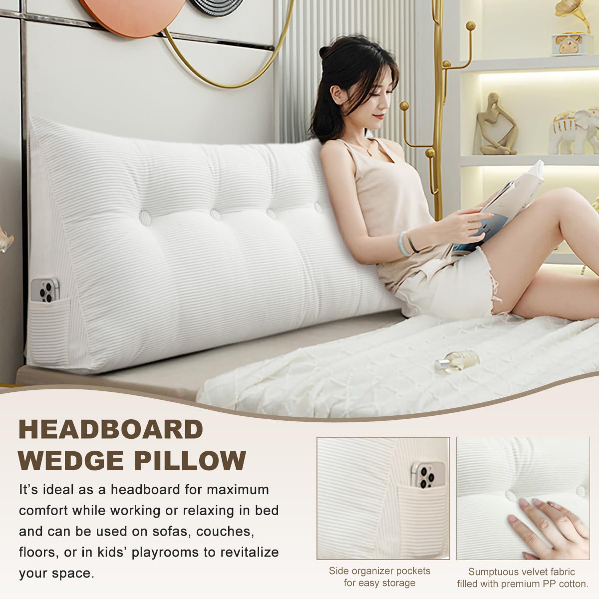 بالش گوه‌ای شویون برای تختخواب، بالش مثلثی برای تاج تخت، بالش تاج تخت برای مطالعه، مناسب تخت‌های روز و تخت‌های دوطبقه با روکش مخملی قابل جدا شدن