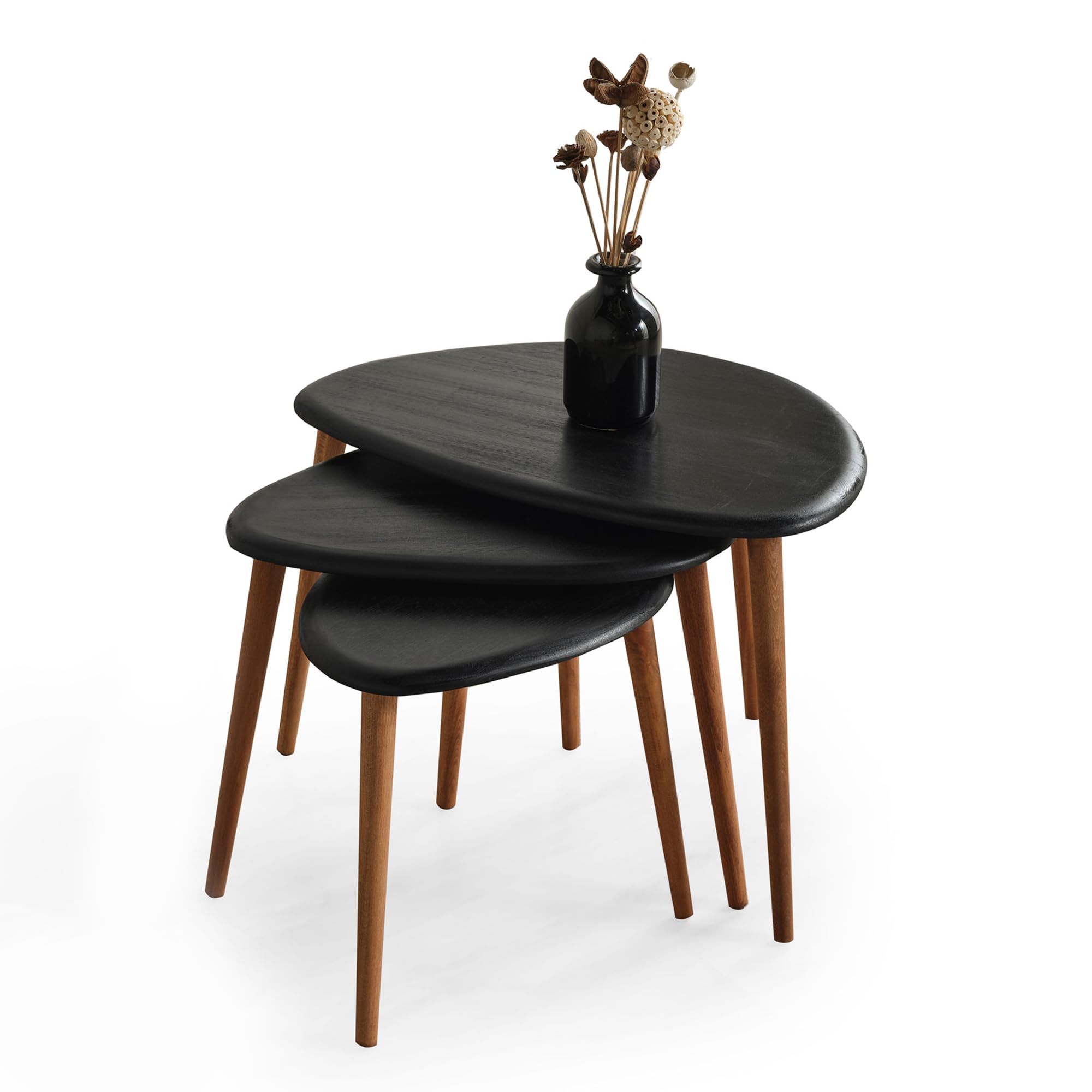 Solid Wood Nesting Coffee Table Set of 3 - Mid Century Modern Pebble Tables with Tapered Legs – Wooden Home Furniture in a Retro Style (Walnut)