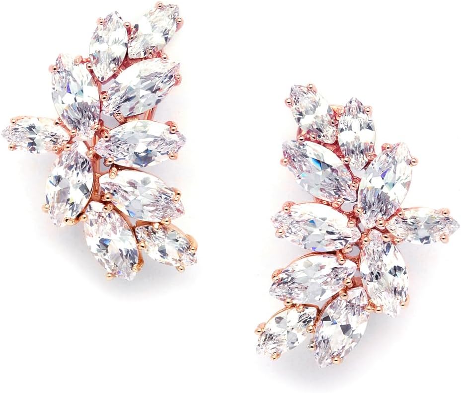 Mariell Rose Gold Clip-On Cubic Zirconia Crystal Bridal Earrings, Marquis Shape CZ Curved Clusters, Non-Pierced Earrings for Wedding, Bridesmaids, Homecoming, Mother of the Bride
