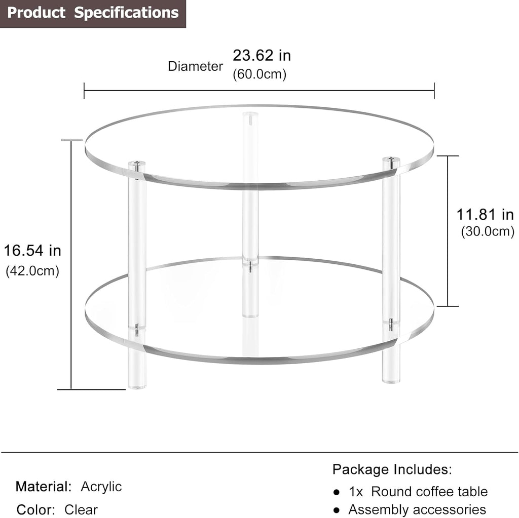 Acrylic Round Coffee Table, 23.6" Wide Modern Tea Table with Storage Shelf, 2-Tier Circle Center Table for Living Room, Office Reception and Apartment (Clear)