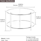 Acrylic Round Coffee Table, 23.6" Wide Modern Tea Table with Storage Shelf, 2-Tier Circle Center Table for Living Room, Office Reception and Apartment (Clear)