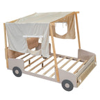 Harper & Bright Designs Full Size Kids Car Bed with Pillow, Ceiling Cloth and LED Light, Full Playhouse Bed Frame, Kids Canopy Bed, Wood Full Platform Bed for Kids Boys Girls Teens (Natural, Full)