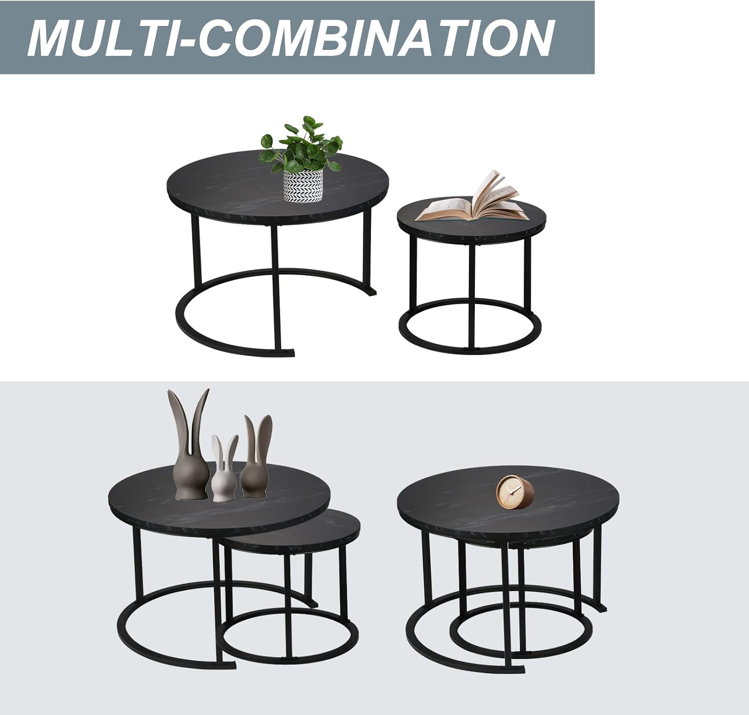 EUROSAKURA Nesting Round Small Coffee Table Place 2 Sets for Living Room Bedroom Apartment Small Rounder Coffee Table Sturdy Stacking Side Tables,Easy Assembly(Black)
