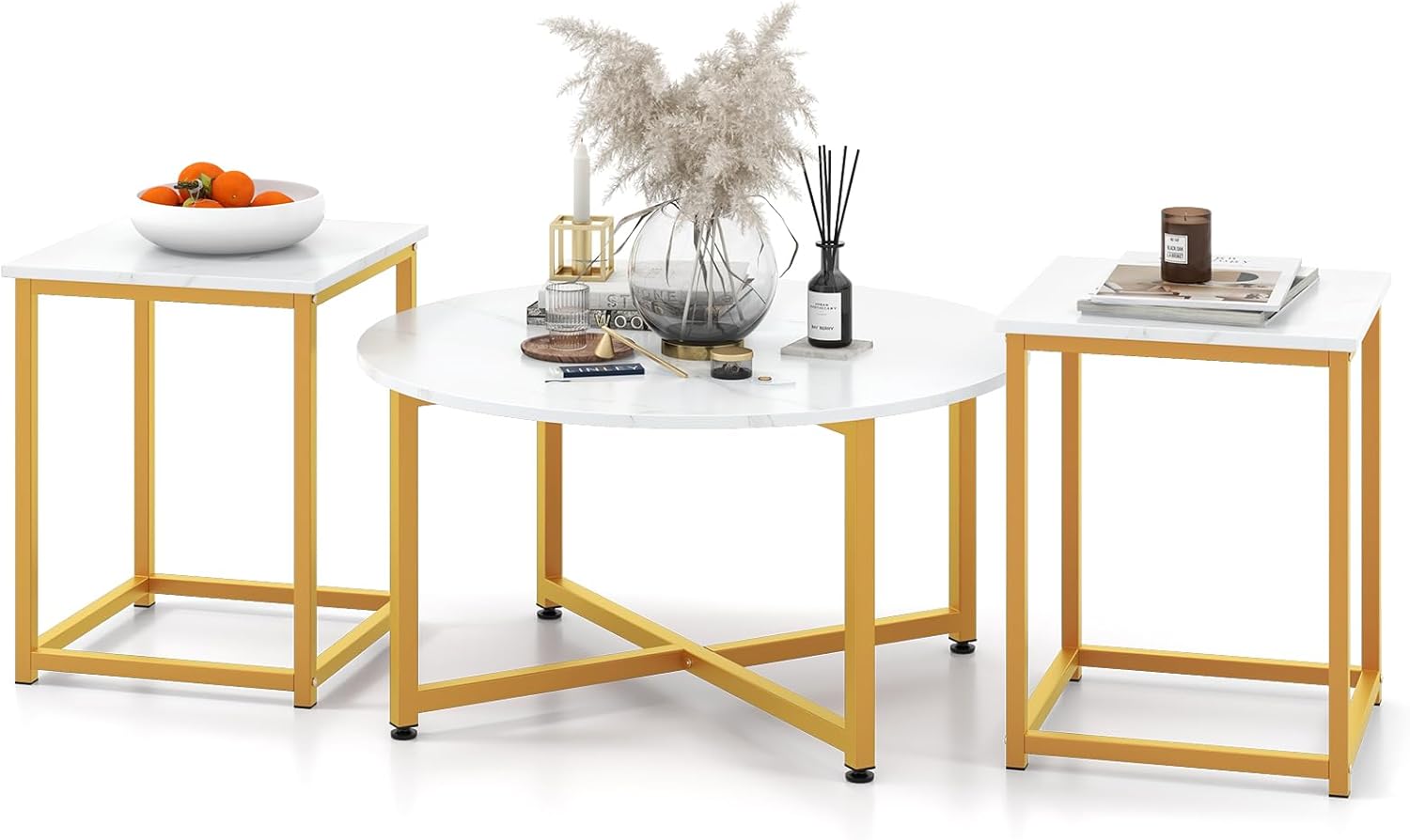 Giantex Round Nesting Table Set of 3, Modern Faux Marble Coffee Table w/2 End Tables, Sturdy Metal Frame, 3-Piece Wooden Living Room Table Set for Home Office, Apartment (White & Gold)