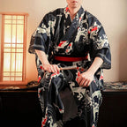 Men's Japanese Traditional Kimono Robe Long Sleeve Spa House Bathrobe Easy Wearing Yukata Sleepwear Nightgown Unisex with OBI Belt Set Navy