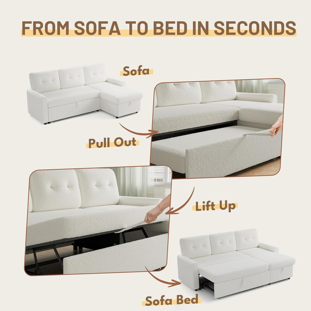 IULULU Sleeper Sofa, L Shaped Boucle Sectional Couch with Pullout Bed, Reversible Storage Chaise, 2 in 1 Pull Out Couches for Living Room, Apartment, Off White