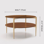 Round Coffee Table, Mid-Century Modern Design, D30 x H17, for Living Room, 2-Tier Structure, Amber Glass Top and Walnut MDF Shelf, Sleek Conical Metal Legs with Gold Finish