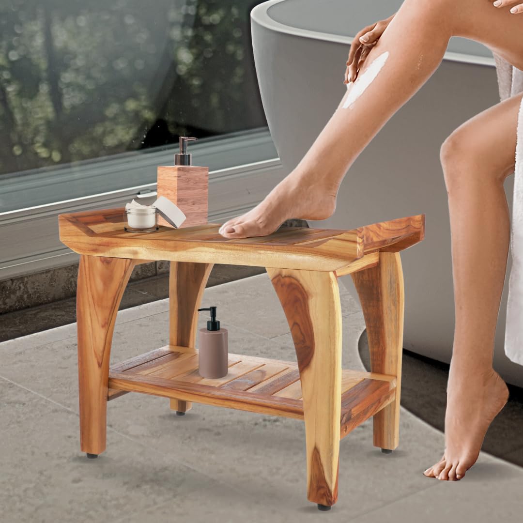 EcoDecors 24 Inch Tranquility Natural Color Waterproof Teak Wood Shower Bench Stool Seat Chair For Inside Shower Storage Shelf Provides Safety, Storage, and Organization For Bathroom Accessories