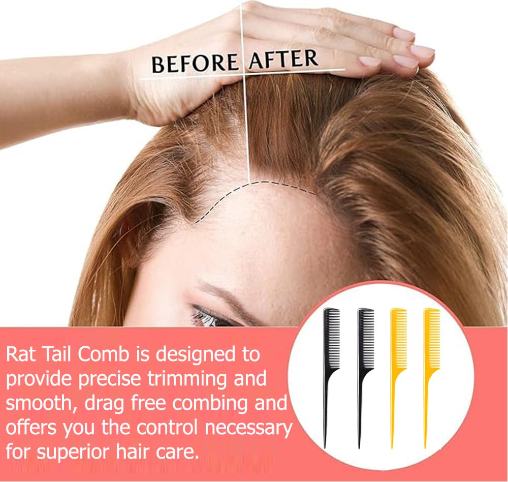 LUXXII (4 Pack) 9.25" Sturdy Rat Tail Comb Fine-tooth Hair Combs with Thin and Long Handle (Black and Brown)