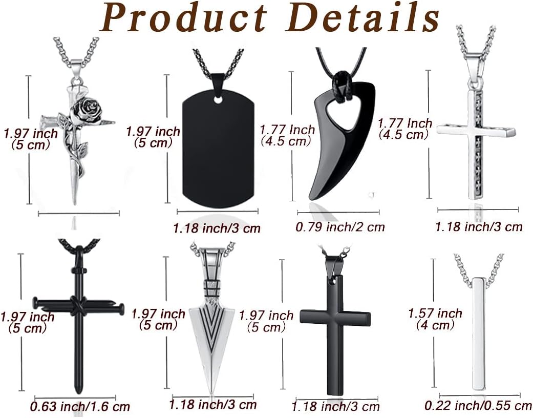 MAIBAOTA 8 Pcs Necklace for Men, Mens Necklaces Jewelry Set, Black and Silver Stainless Steel Necklace, Cross Pendant Necklace, 16-24 inches Chain