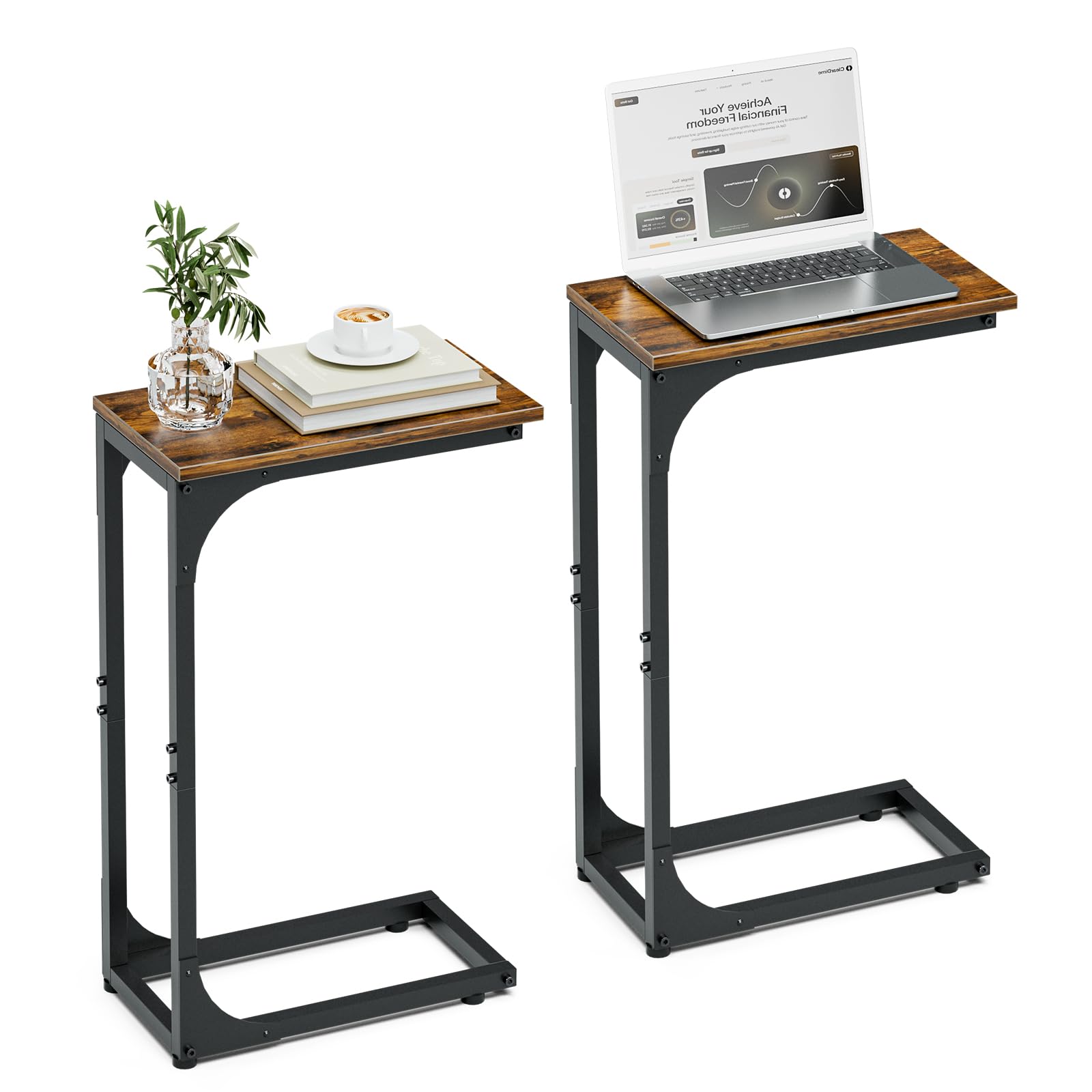 C-Shaped Side Table for Couch - Small Coffee Stand Sofa Tray Desk with Metal Frame and Waterproof Scratch Resistant, Modern End Accent for Living Room, Bedroom, Small Spaces, Rustic Brown