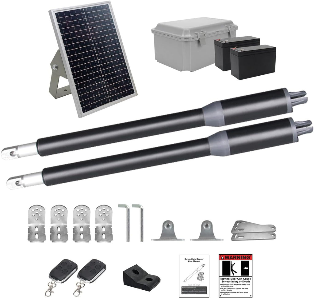X X-HOUSE C01-L Automatic Gate Opener with Solar Panel & Batteries for Light Duty Dual Swing Gates Up to 330lb 8ft per Arm 12V 40W Electric Gate Opener with 2 Remotes Complete Kit Solar Powered