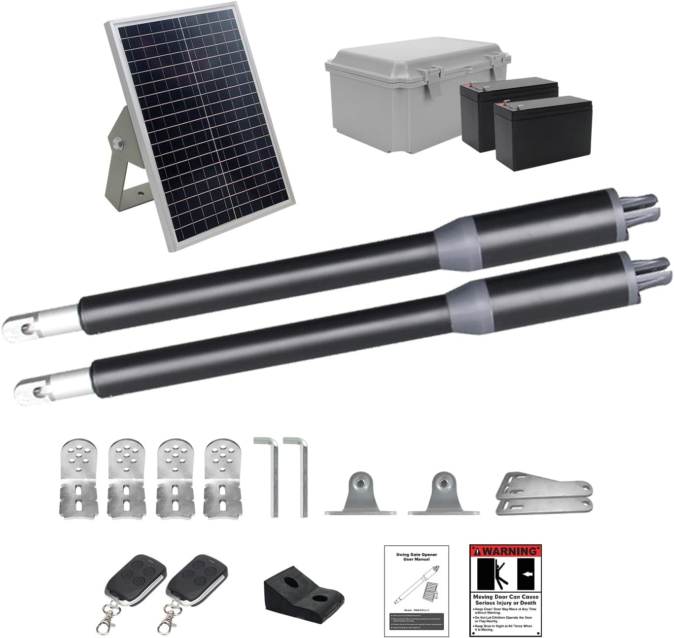 X X-HOUSE C01-L Automatic Gate Opener with Solar Panel & Batteries for Light Duty Dual Swing Gates Up to 330lb 8ft per Arm 12V 40W Electric Gate Opener with 2 Remotes Complete Kit Solar Powered