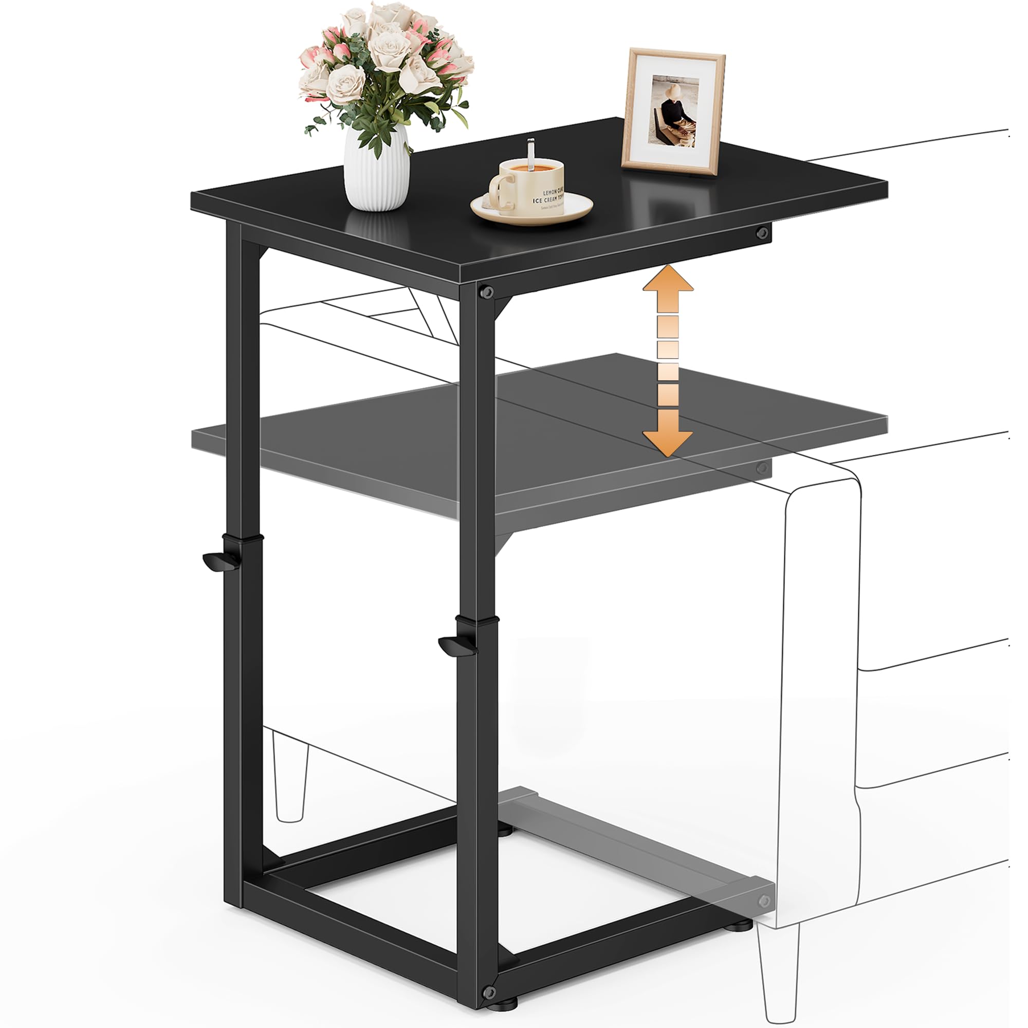 Vagusicc C Shaped End Table with Charging Station, 33" Tall Side Table for Couch, Sofa Table Adjustable Height Couch Side Table Coffee Table, Slide Under Sofa TV Tray C Table for Living Room, White