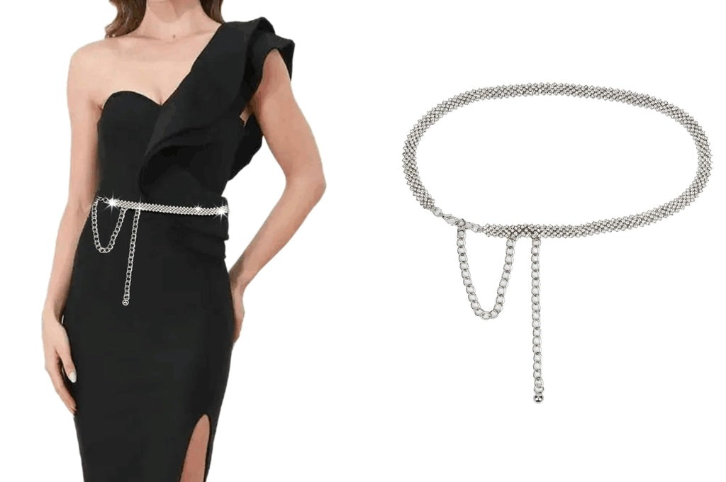 INOGIH Silver Rhinestone-Waist-Chain-Belt Formal Dress Belt Diamond Bling Wedding Bridal Belt for Women