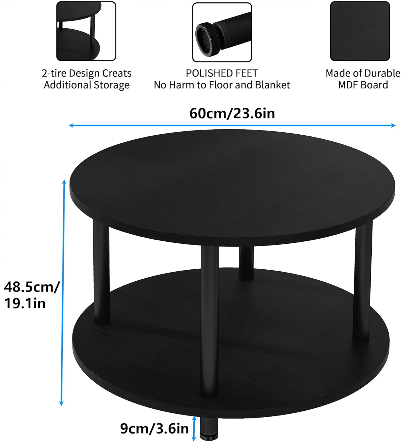 23.6" Round Coffee Table, 2-Tier Small Circle Coffee Table with Storage, Modern Center Accent Table with Metal Frame, Side Table End Table for Small Space, Living Room, Office, Black