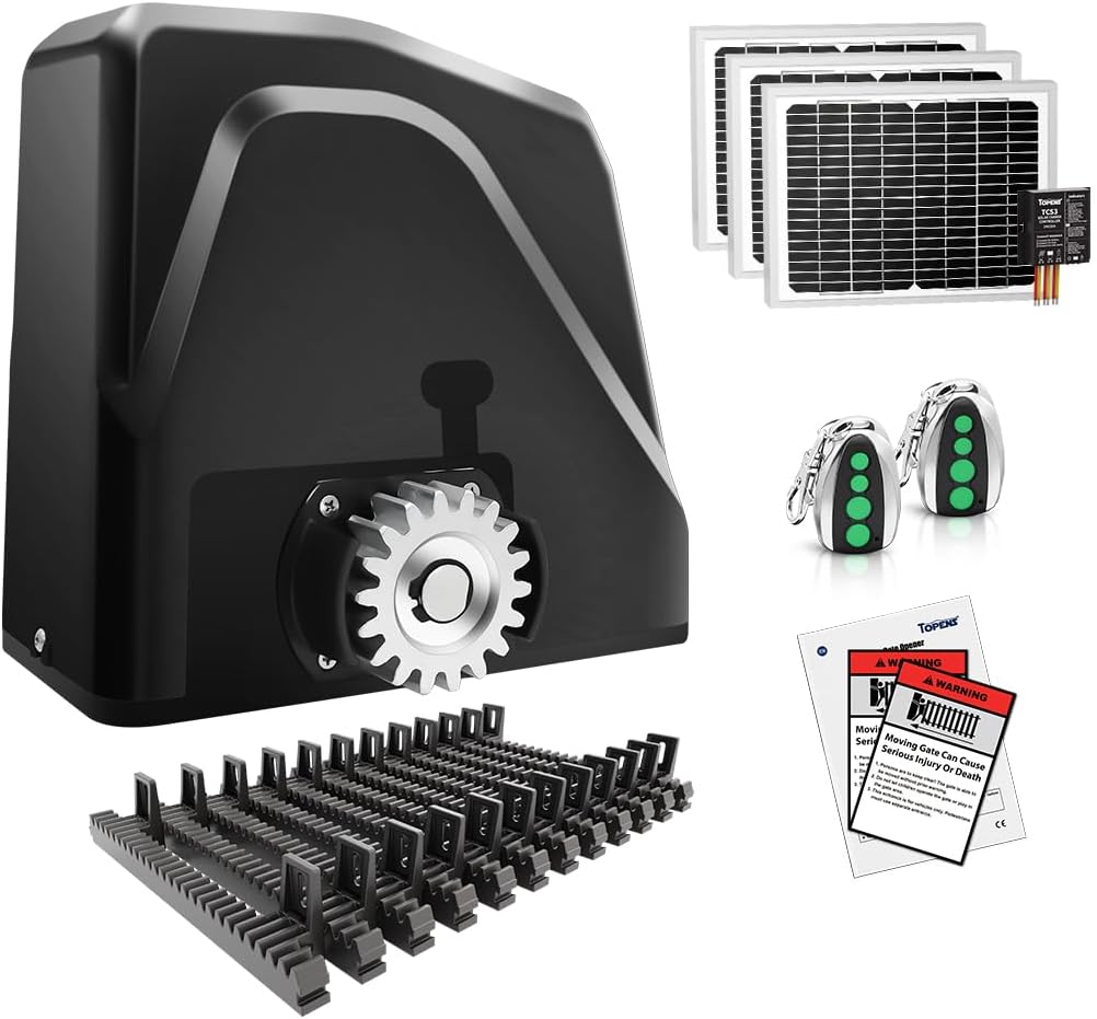 TOPENS DKR1100ST Solar Sliding Gate Opener Rack Drive Automatic Gate Motor for Heavy Driveway Slide Gates Up to 2600 Pounds, Electric Gate Operator Battery Powered with Solar Panel Remote Control Kit