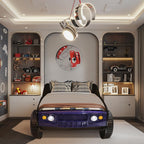 HMFULE Twin racerbilseng, trærammeseng med hjul, LED-lys og lamelsupport til børn, småbørn, teenagere, drenge, ingen boxmadras nødvendig, blå