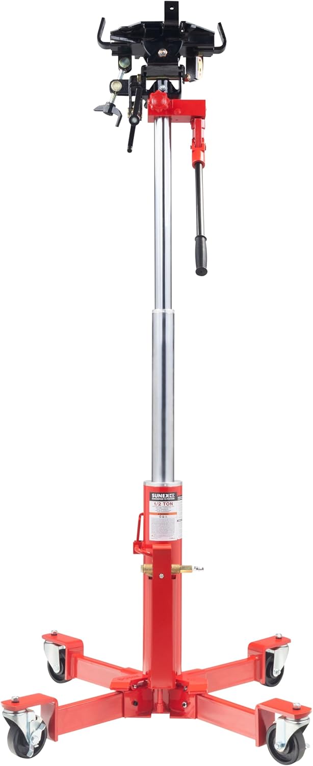 Sunex Tools 7796 1,000 lb Telescopic Transmission Jack, Air/Hydraulic, Foot & Hand Pump, Adjustable Saddle Arms, 73.5 in Max Height