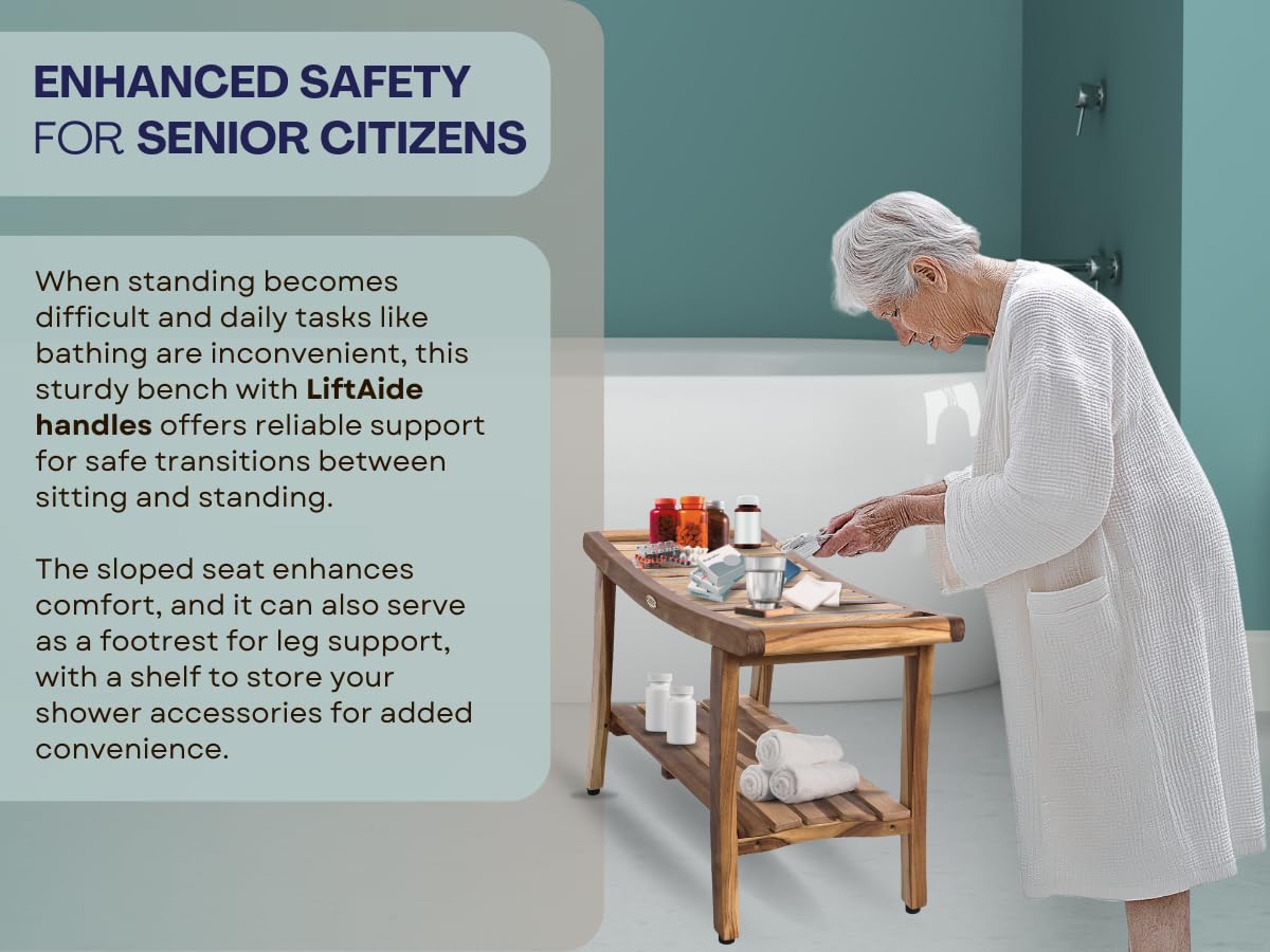 EcoDecors 30 Inch Harmony Natural Color Waterproof Teak Wood Shower Bench Stool Seat Chair For Inside Shower Storage Shelf Provides Safety, Storage, and Organization For Bathroom Accessories