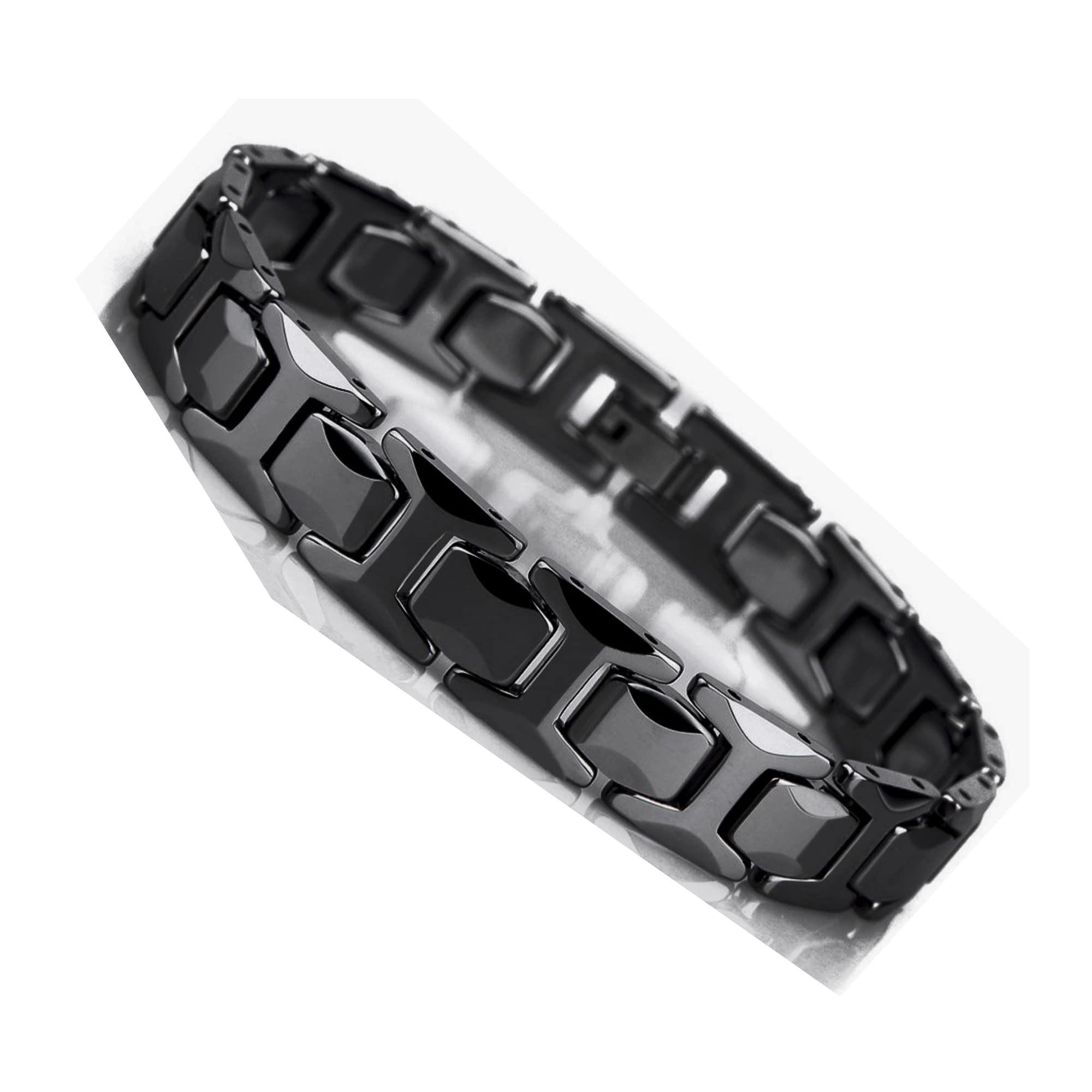 Urban Jewelry Stunning Solid Tungsten Link Bracelet for Men Polished Link, Puzzle, Ceramic Style (Silver, Black, 18K Gold Plated Option)