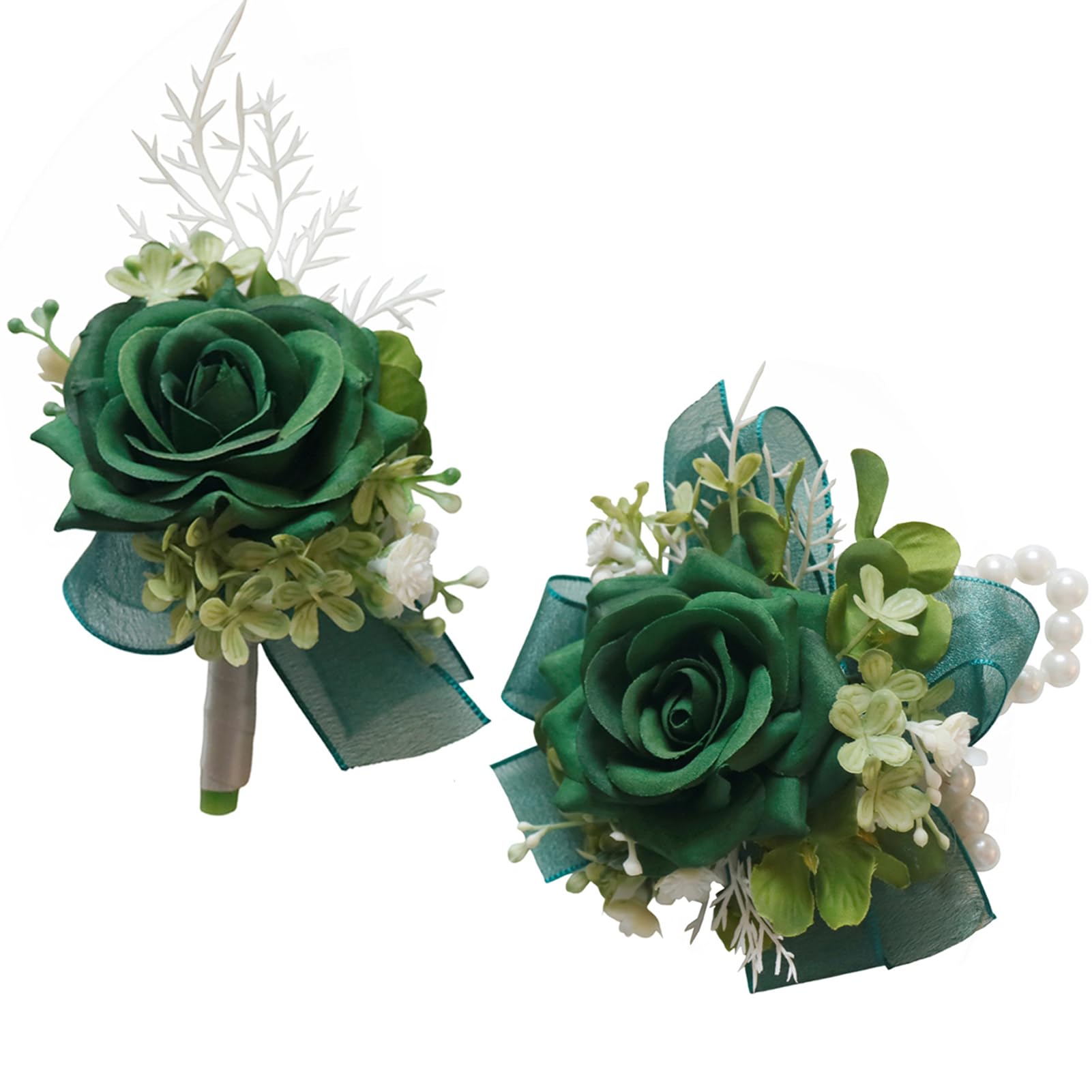 MAFELOE Corsage and Boutonniere Set for Wedding Prom Party Homecoming Celebration Artificial Flower Accessories Suit Decor 2 Pieces - Dark Green
