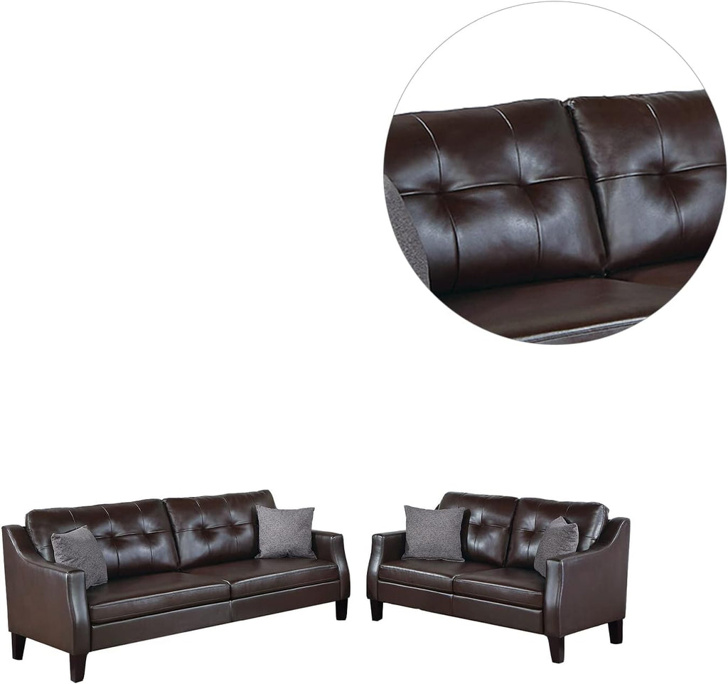 Poundex Faux Leather 2-Piece Set with Accent Pillows Sofas, Dark Brown