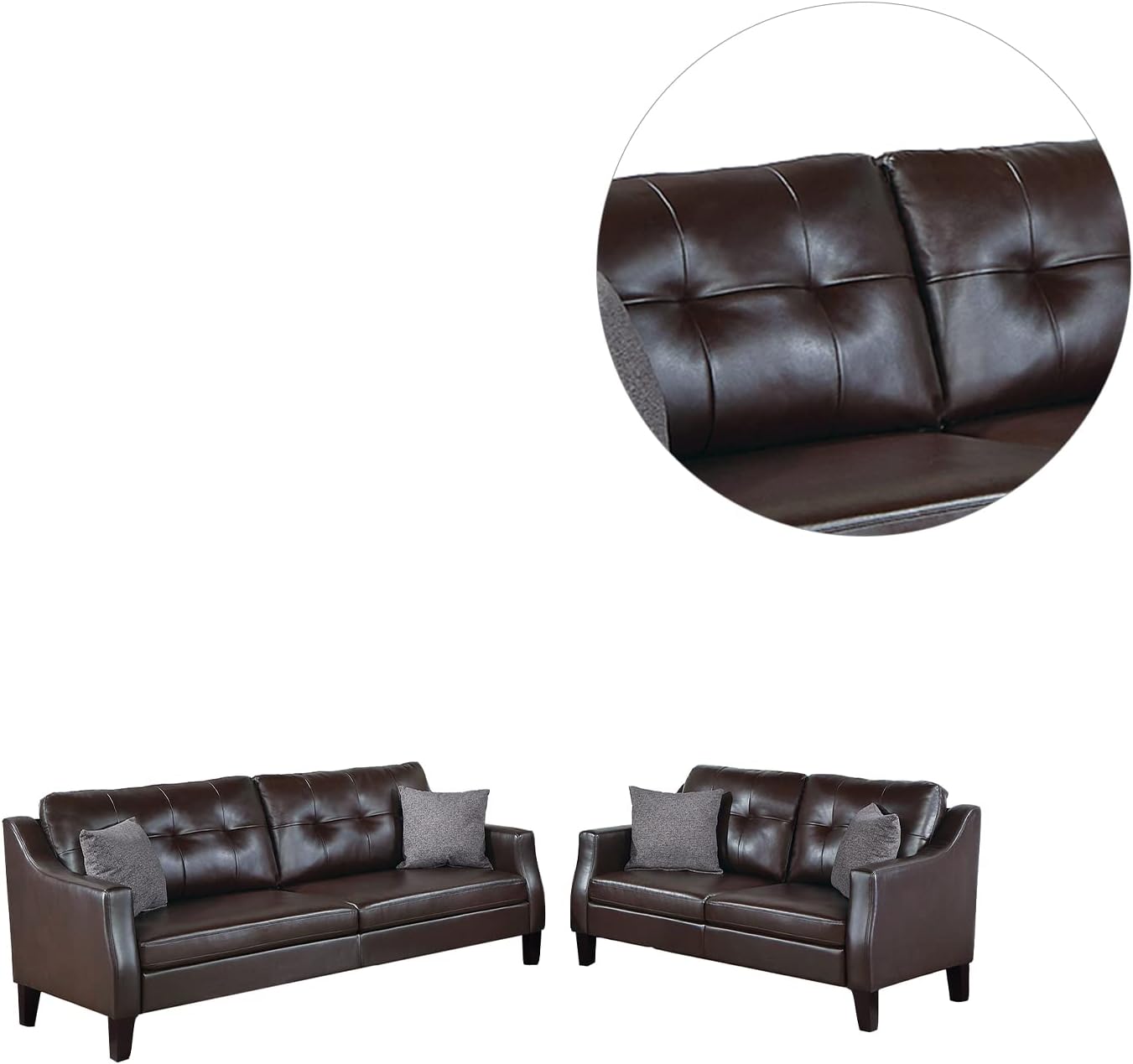Poundex Faux Leather 2-Piece Set with Accent Pillows Sofas, Dark Brown
