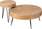 2-Piece Modern Farmhouse Living Room Coffee Table Set, Nesting Table Round Natural Finish with Handcrafted Wood Ring Pattern