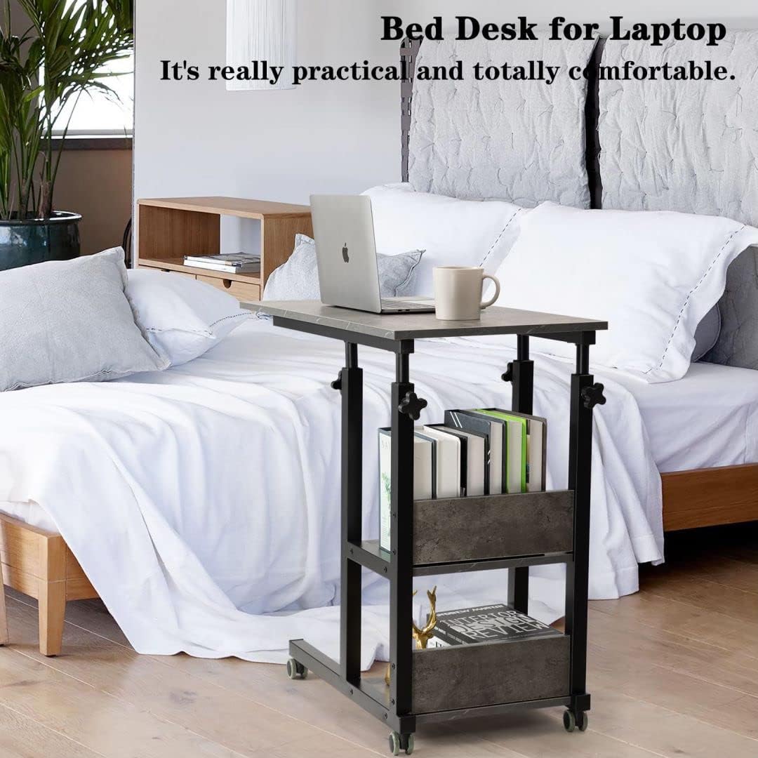 Hadulcet C Shaped Side Table Adjustable, Height Adjustable C Table with Wheels and Storage Shelves for Couch Bed Recliner Dark Grey