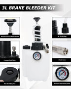 Brake Bleeder Kit with 3L Pressure Pump, 1L Waste Bottle & 4 Upgraded Adapters, Manual Brake Fluid Bleeder Tool for Most Vehicles, One-Person Operation