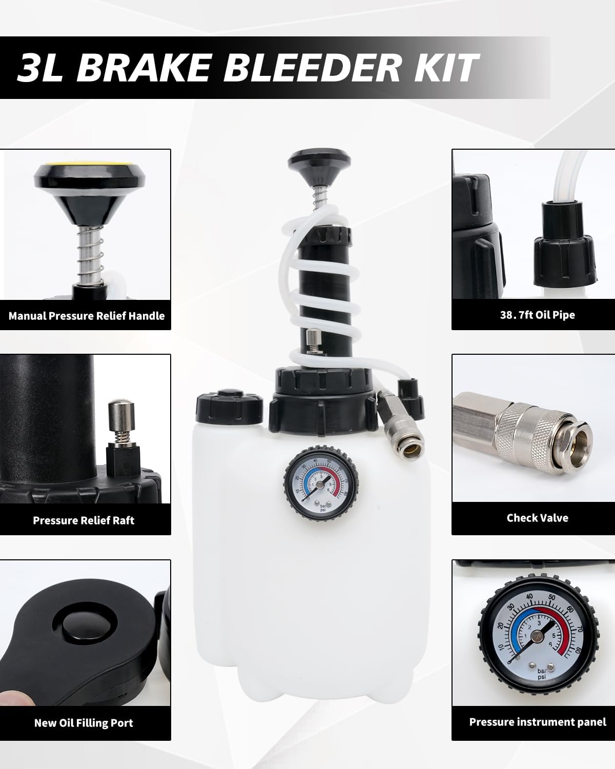 Brake Bleeder Kit with 3L Pressure Pump, 1L Waste Bottle & 4 Upgraded Adapters, Manual Brake Fluid Bleeder Tool for Most Vehicles, One-Person Operation
