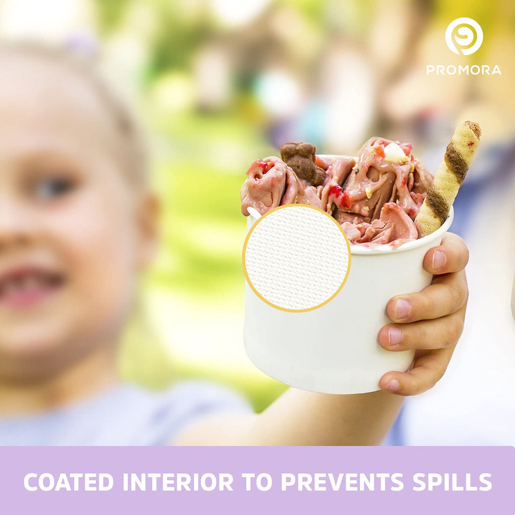 Vasos de papel para helado Promora de 12oz desechables 50 unidades + cucharas, tazones para sopa caliente/postre con cucharas, perfectos para comida caliente y fría, tazones desechables para sopa, tazones para helado, yogur congelado (blanco 12oz)