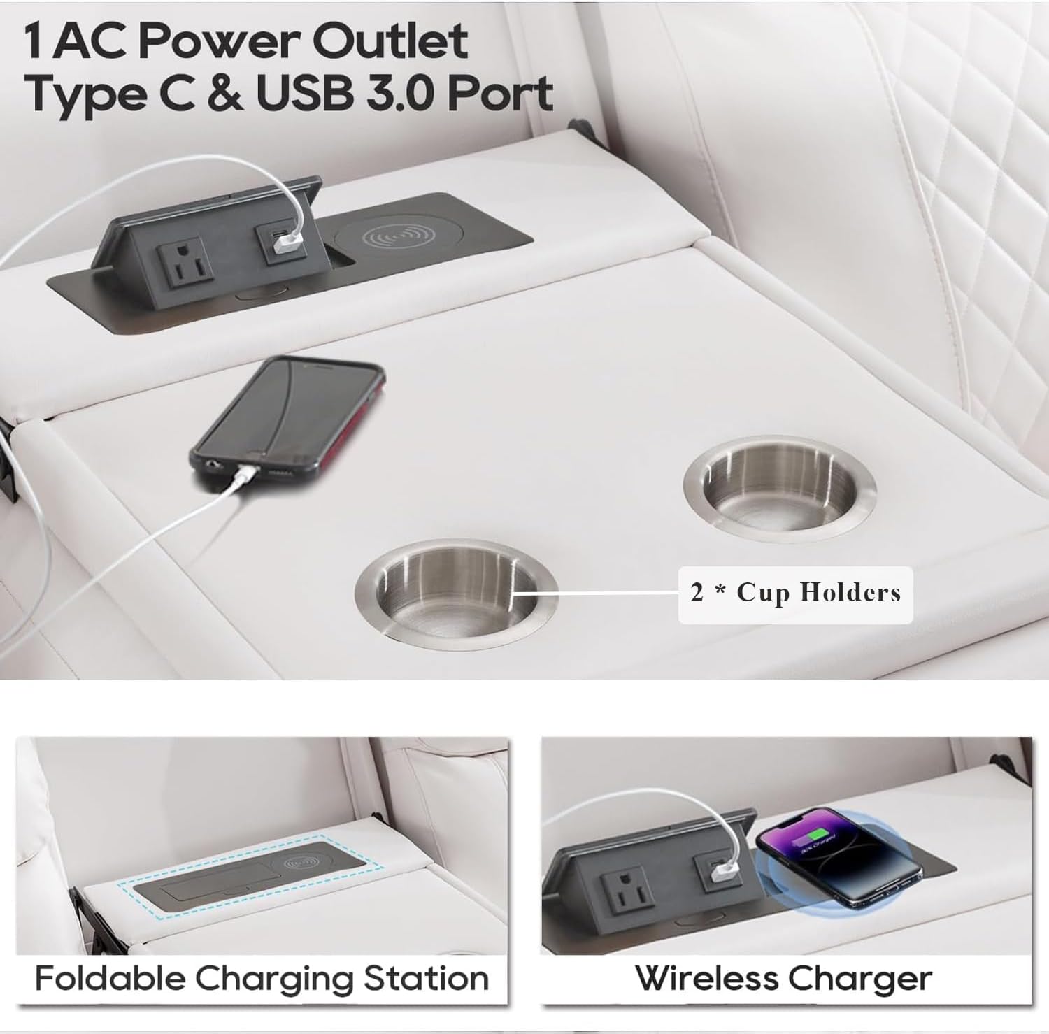 Power Recliner Sofa Set for Living Room, 3 Seater Faux Leather Reclining Couch Sofa, Home Theater Love seat Sets with Bass Speaker, Loveseat Recliner with Cup Holder, USB Port, LED Lights, White