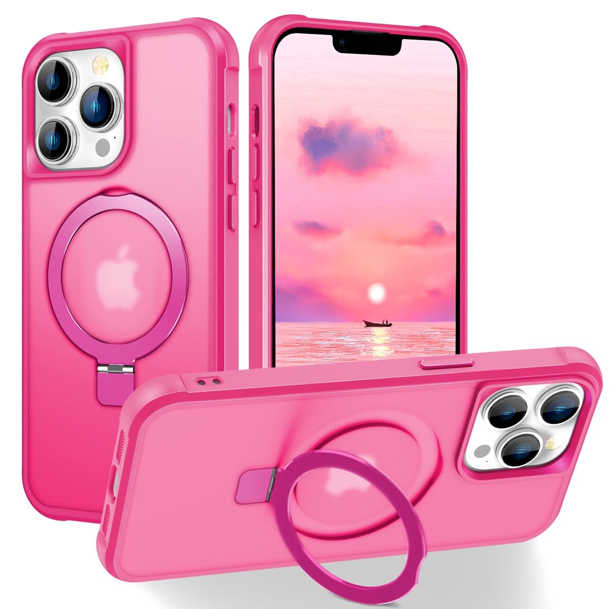 CHAOFEnG マグネット対応 iPhone 13 Pro Max ケース スタンド付き [軍用グレード落下テスト済み][マグネット対応] リング 透明 スリム ハードバック ソフトエッジ、ローズレッド