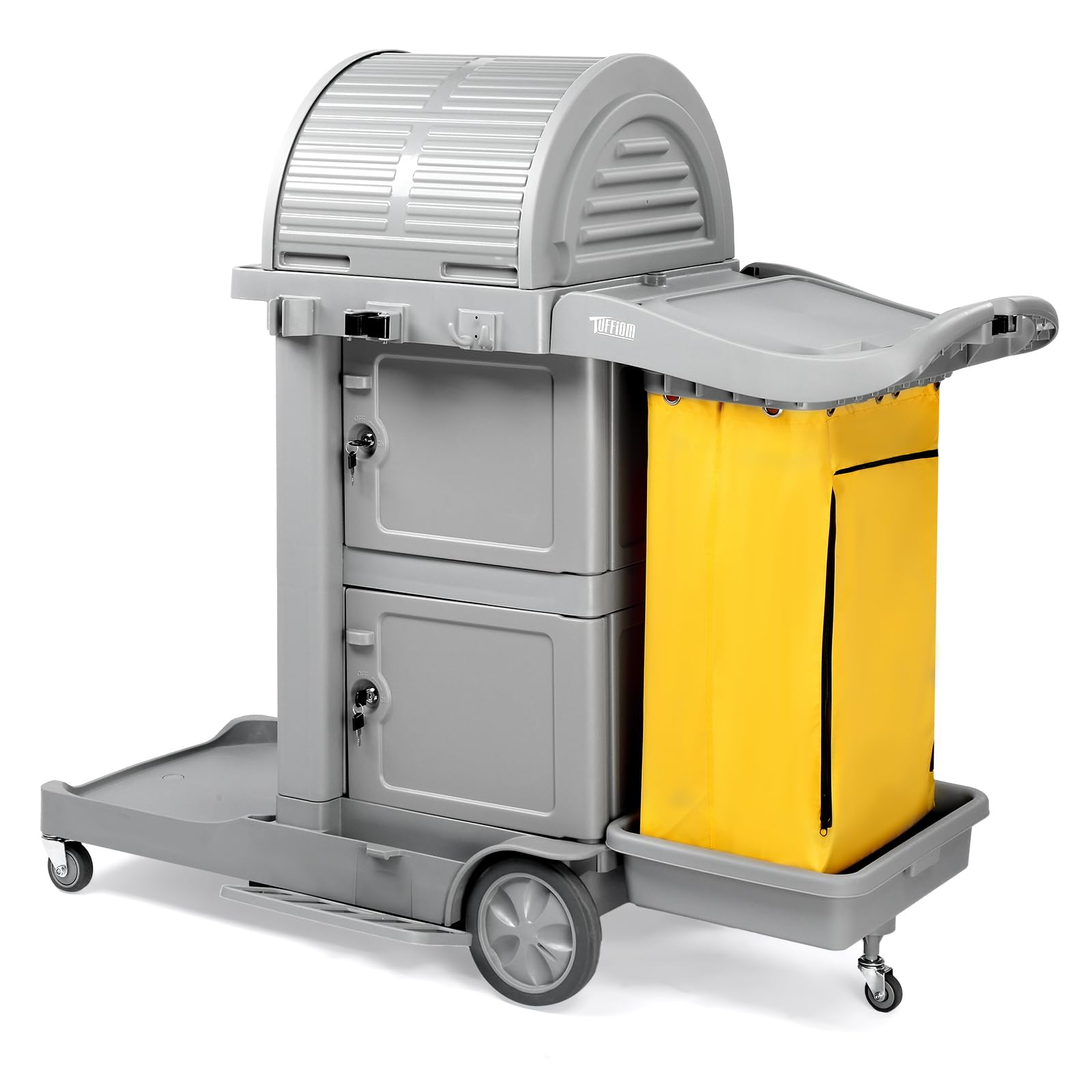 TUFFIOM Janitorial Cart with Key-Locking Cabinet, 3-Shelf Commercial Cleaning Cart with Wheels, Housekeeping Caddy with Locker, Black, Great for Hotel, Stores, Schools, and Business