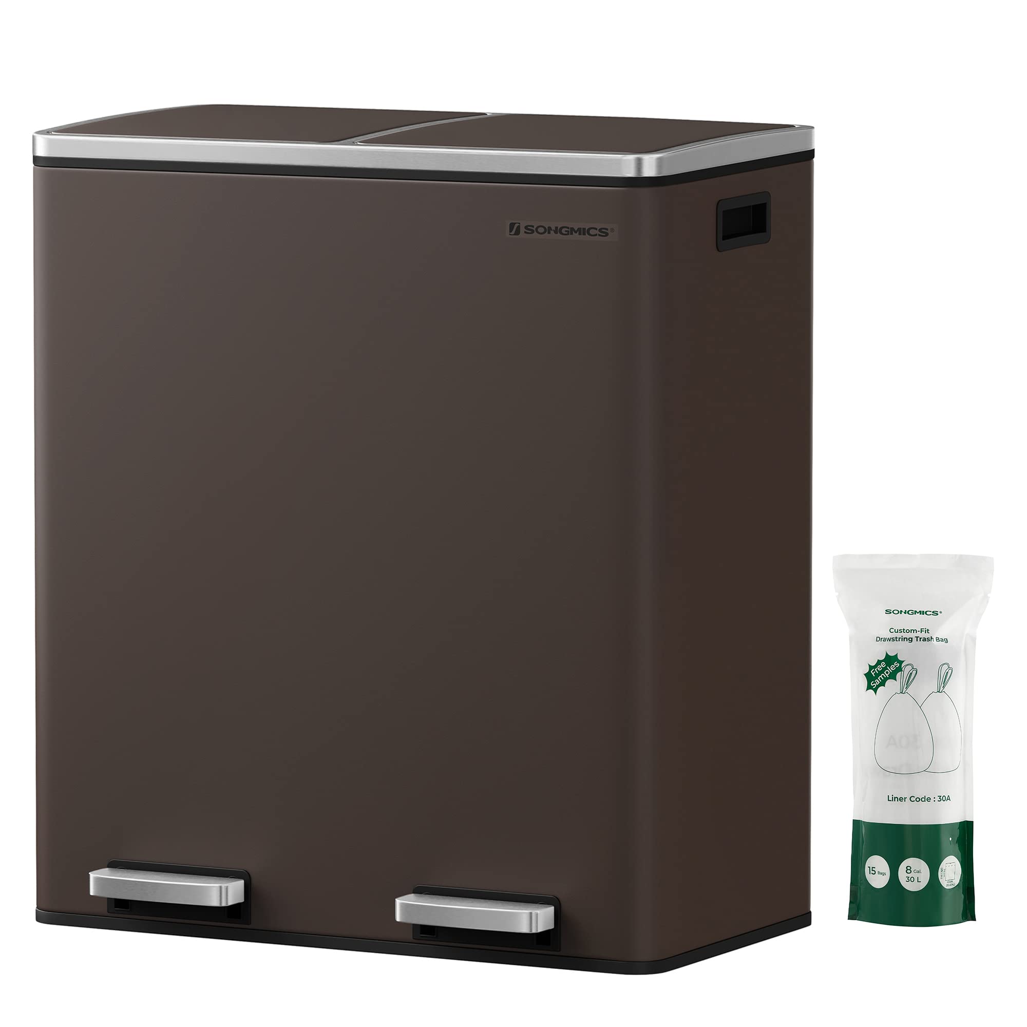 SONGMICS Trash Can, 2 x 8 Gallon (2 x 30 L) Garbage Can for Kitchen, with 15 Trash Bags, 2 Compartments, Plastic Inner Buckets and Hinged Lids, Airtight, Silver and Black ULTB60NL