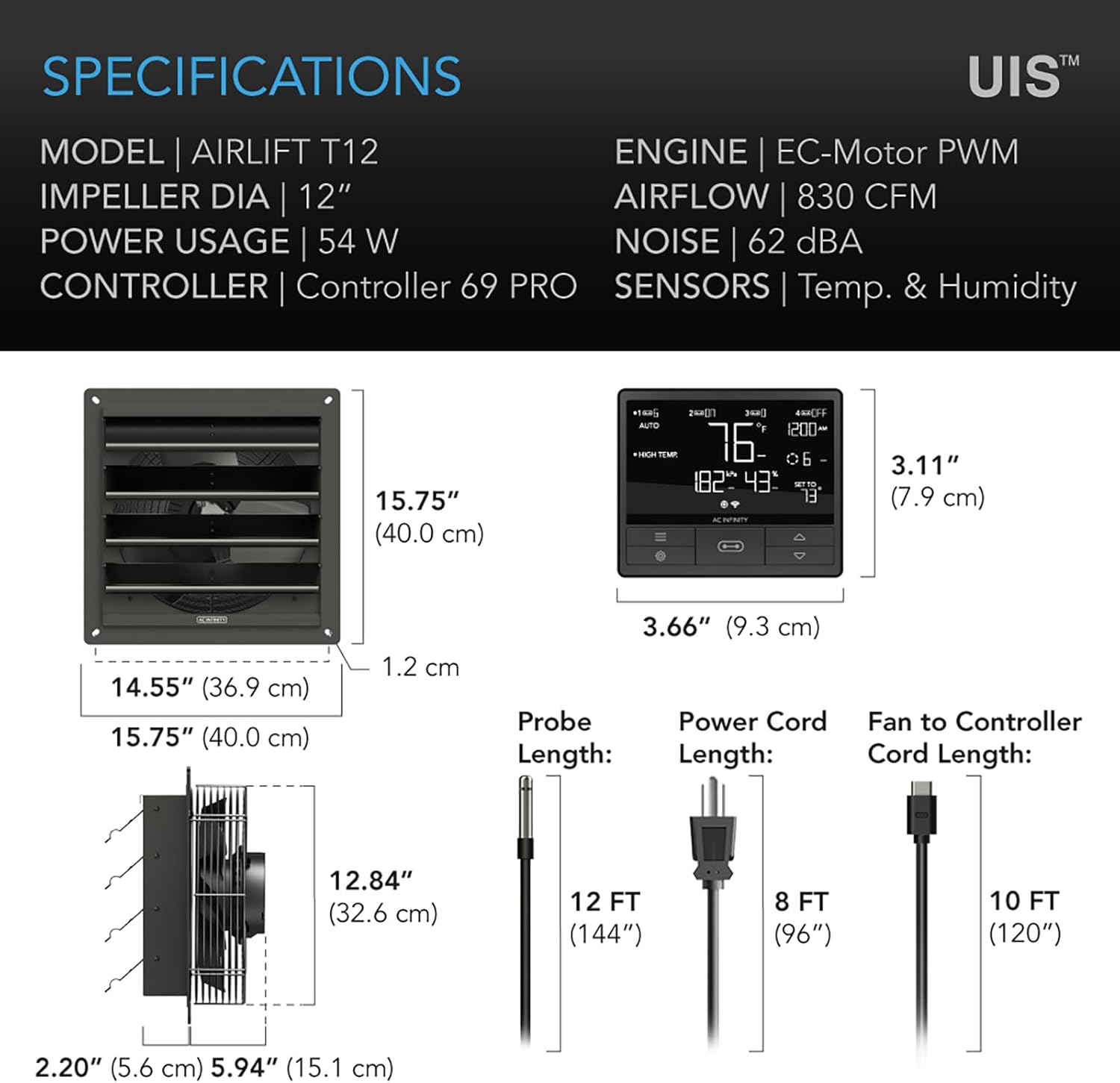 AC Infinity AIRLIFT T12, Shutter Exhaust Fan 12" with WiFi Temperature Humidity Controller, EC-Motor Wall Mount Ventilation and Cooling for Sheds, Attics, Workshops, and Greenhouses
