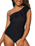 Hilor Women's One Piece Swimsuits One Shoulder Swimwear Asymmetric Ruffle Monokinis Bathing Suits Black 10 - Grand Goldman