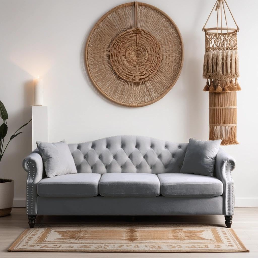 79" Chesterfield Velvet 3-Seater Sofa for Living Room,Tufted Couch with Rolled Arms Nailhead and Two Pillows for Living Room, Bedroom