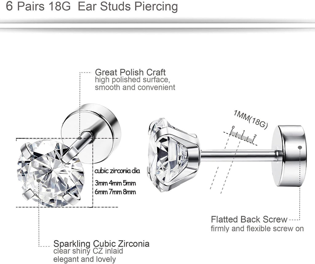 ORAZIO 6Pairs Hypoallergenic Flat Back Earrings 316L Stainless Steel Studs for Sensitive Ears, 3-8mm Cubic Zirconia, Stylish Jewelry for Women Men - Silver